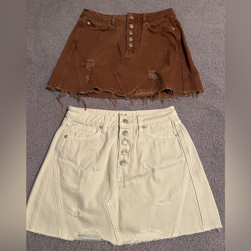 Lot of 2 We the Free Free People - Distressed Brown & Cream Denim Skirts Size 28